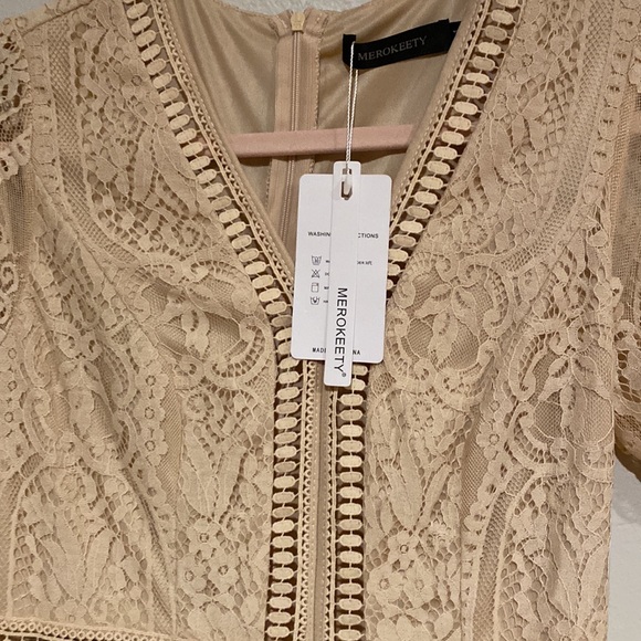 MEDIUM MEROKEETY V Neck Short Sleeve Floral Lace Dress - Picture 5 of 8